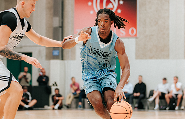 Emmanuel Ahamefule dribbles during adidas Eurocamp 2026.