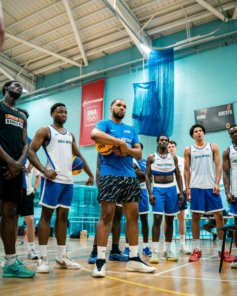 Great Britain 3x3 basketball players in action as the UEL partnership is announced.