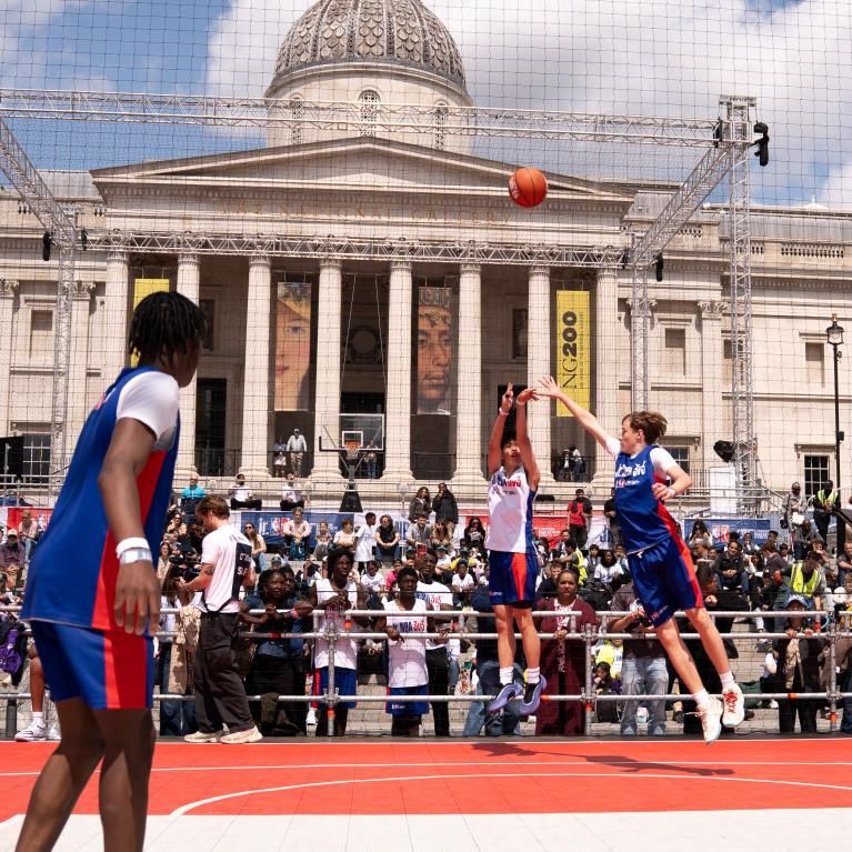 Jr. NBA 3v3 basketball players compete at Trafalgar Square.