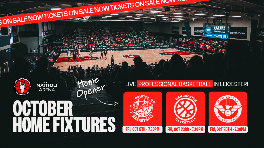 Leicester Riders October home fixtures graphic for Mattioli Arena games