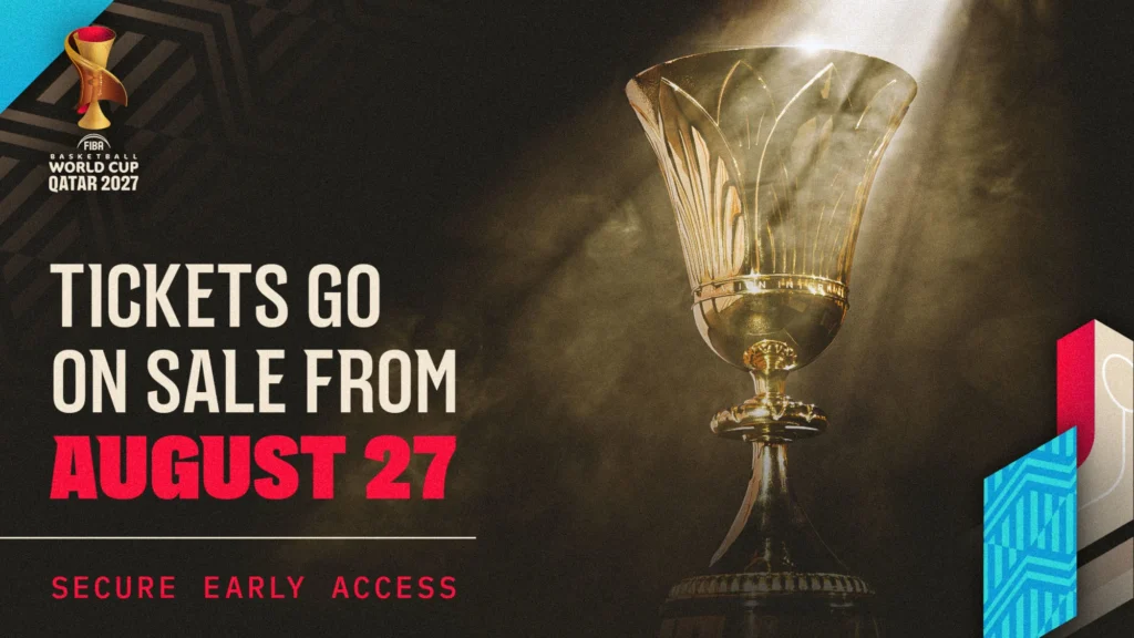 FIBA Basketball World Cup 2027 ticketing graphic for the Doha tournament.
