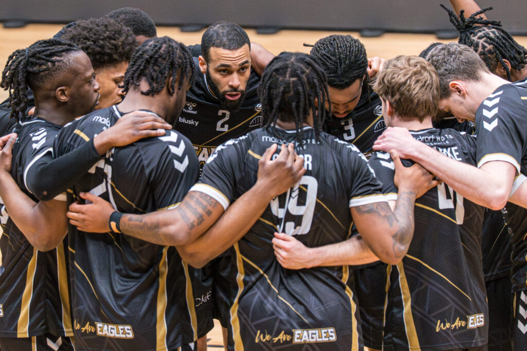 Newcastle Eagles players during a Super League Basketball game