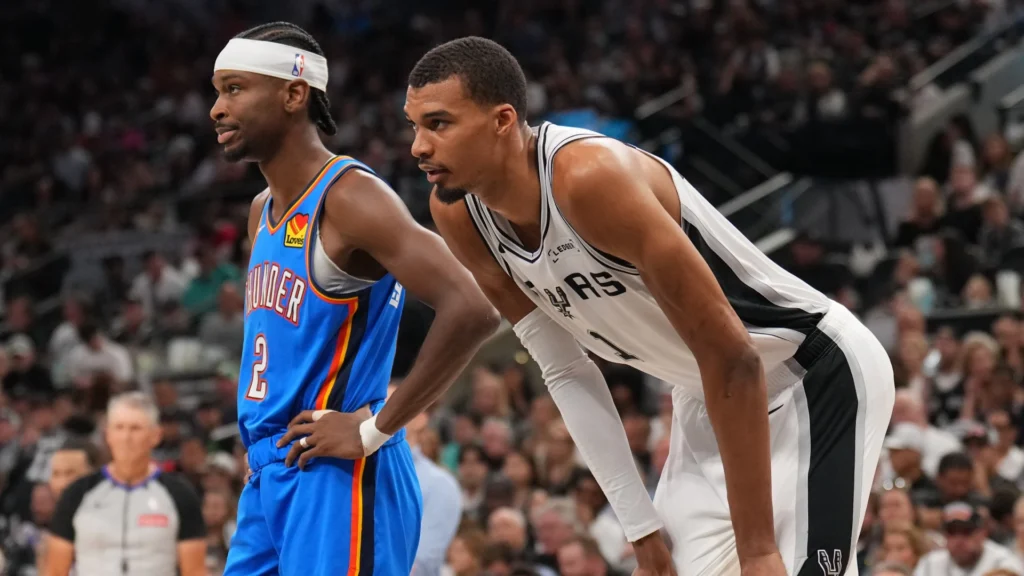 San Antonio Spurs and Oklahoma City Thunder players during NBA action