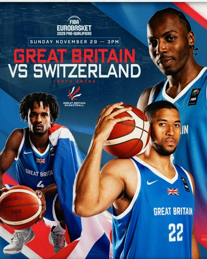 Great Britain v Switzerland EuroBasket 2029 pre-qualifier graphic for 29 November at Vertu Arena