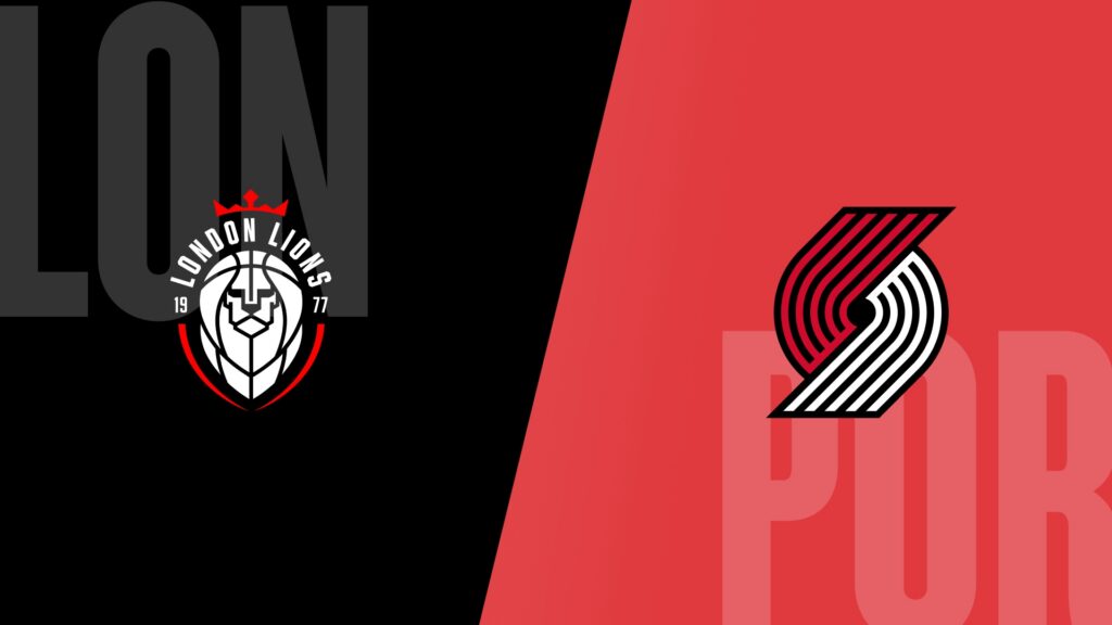 London Lions and Portland Trail Blazers logos on an official NBA match-up graphic